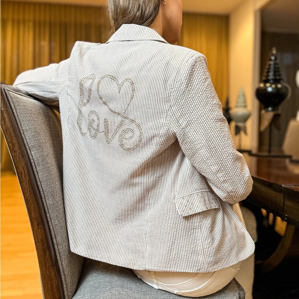 Moving Forward Designs Blazer Tan Seersucker with Gold Crystal Love Detail.